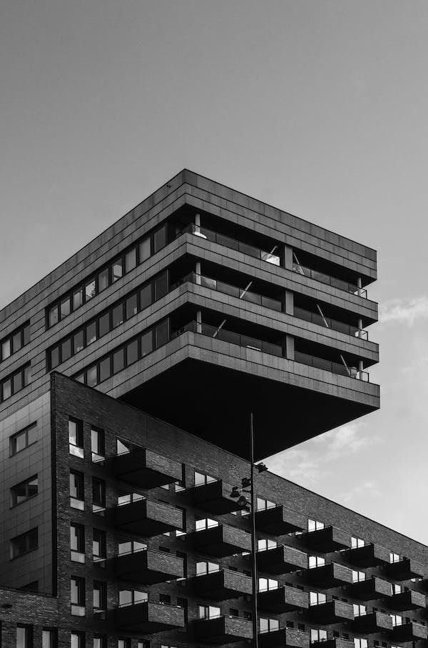 Concrete building with deep overhangs