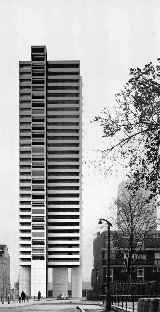Slim high-rise residential tower with banded balconies