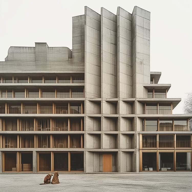 Concrete building with tall vertical fins and recessed timber-framed windows